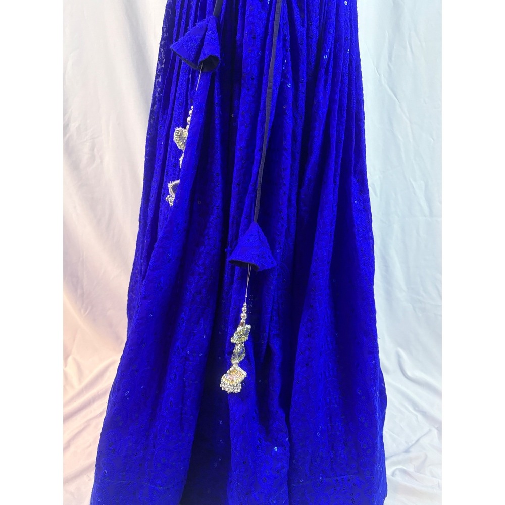 Royal Blue Chikankari Sequin Lehenga Skirt Silver Scalloped Waist Latkan Tassels - Picture 8 of 10